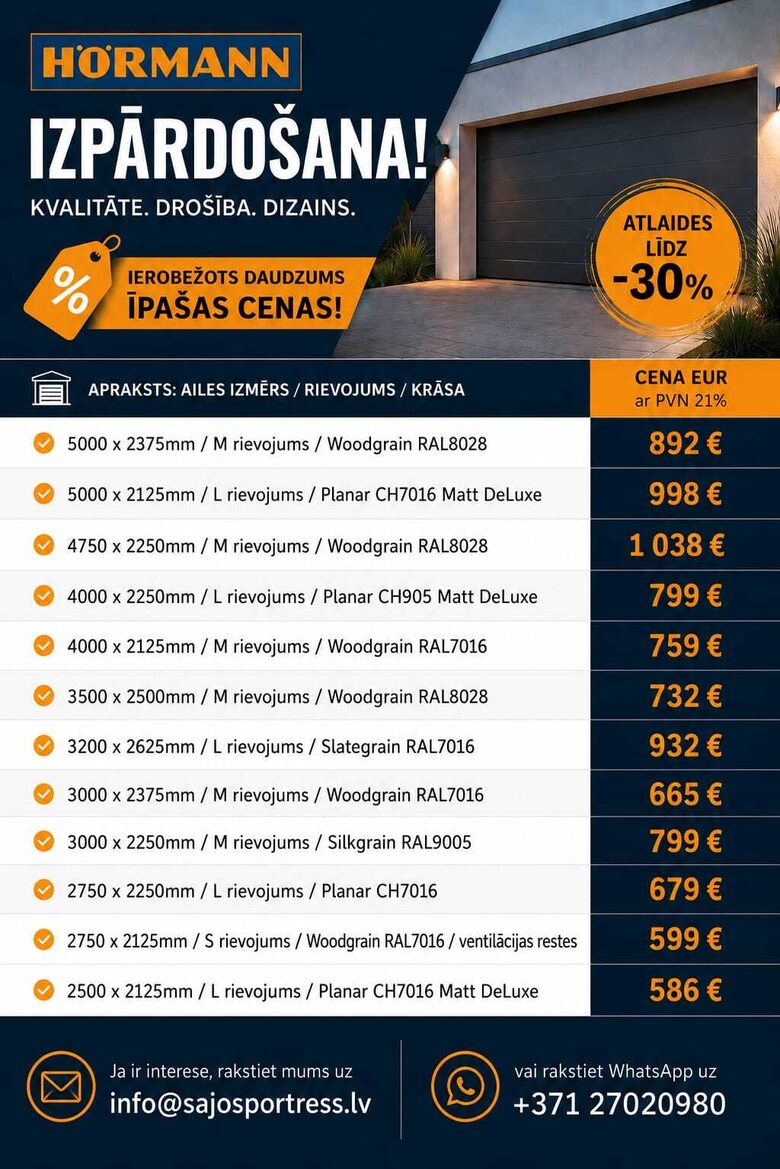 Hormann garāžu vārtu izpārdošana – sekciju vārti ar atlaidēm līdz 30%